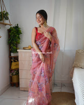 Super Peach Printed And Cut Work Pure Soft Organza Saree